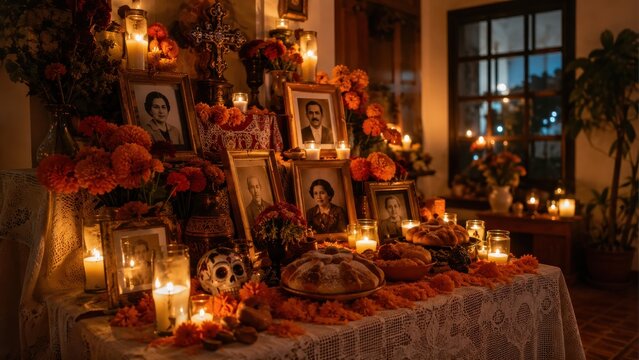 Traditional Mexican D&iacute;a de Muertos ofrenda with candles