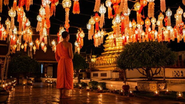 Thai monk standing under glowing Lanna lanterns in temple