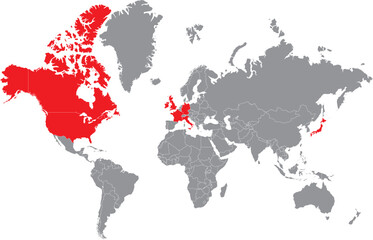 Fototapeta premium G7 countries highlighted in red on gray world map vector illustration isolated on white background. Group of Seven nations global political economy infographic element.