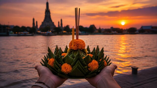Hands holding krathong at Wat Arun during Loy Krathong festival