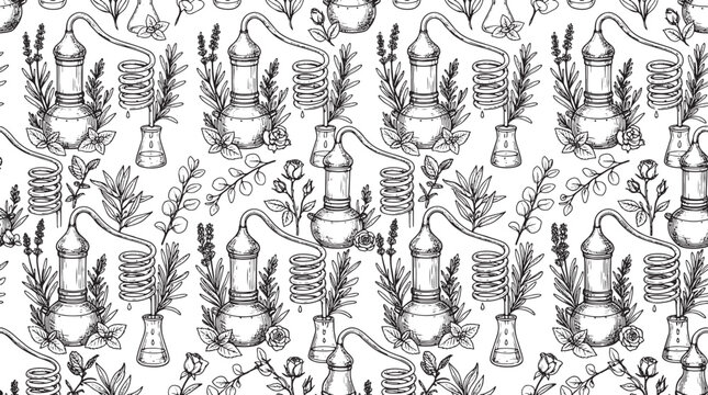 Seamless pattern with essential oil distillation equipment and herbal plants in hand drawn sketch style illustration