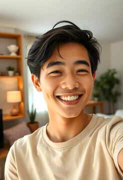 Young adult man taking selfie in cozy living room