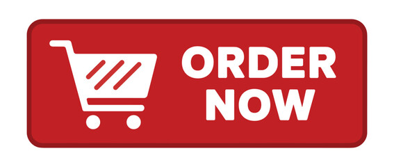 Red rectangular button with white shopping cart and bold text reading o r d e r n o w for e-commerce website interface © Jibit