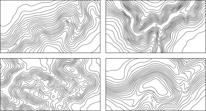 Set of four topographic map contour line patterns representing terrain elevation and geographical landscape data vector illustration