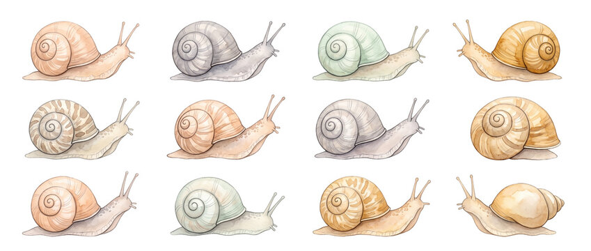 Watercolor snail set illustration clipart featuring various colorful garden gastropods with shells arranged in a grid pattern on a black background for nature design elements and decor.