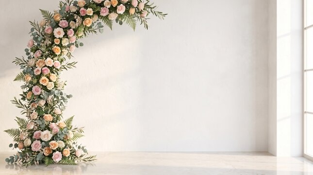 Soft pink and blue floral spring garden pathway background with blooming cottage flowers and warm sunlight