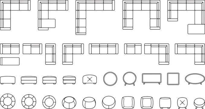 Top view furniture set featuring various modular sofas and ottomans for interior design floor plan layouts