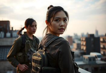 Fototapeta premium Alert young woman survivor on urban rooftop with companion