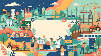Obraz premium Vibrant labor day poster celebrating a diverse workforce, economic growth, and sustainable development across various industries and communities, highlighting collective effort and progress
