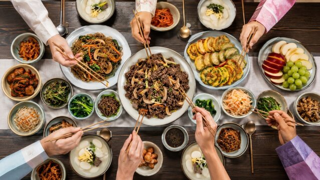 Korean family sharing traditional Chuseok holiday meal