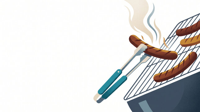 Grilled sausages with tongs and steam on barbecue grill  