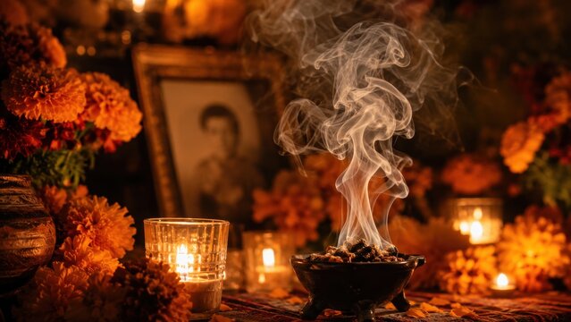 Day of the Dead altar with incense smoke and marigolds