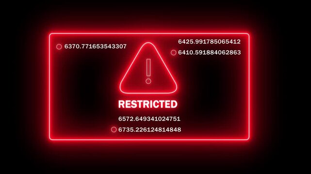 Digital cyber security warning sign with glowing red neon restricted text and rapidly changing data stream numbers for high-tech interface hud and futuristic information technology backgrounds