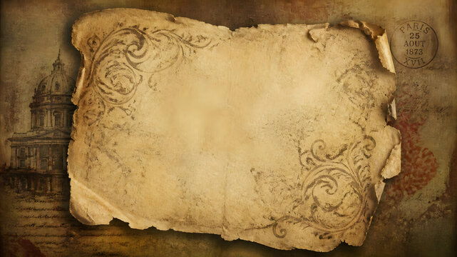 Vintage parchment paper with intricate floral patterns and weathered edges displayed against an aged background featuring a historic parisian building