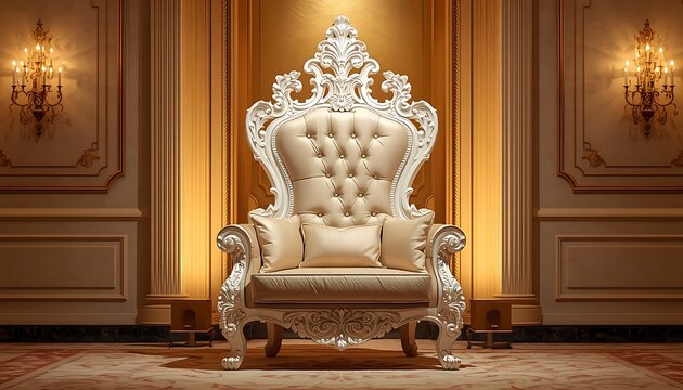 Ornate white throne chair with cream upholstery in luxury palace interior with gold walls.