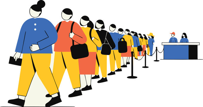 Colorful illustration of people waiting in line at an event checkin area