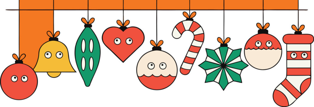 Cute cartoon Christmas ornaments hanging on strings with festive colors