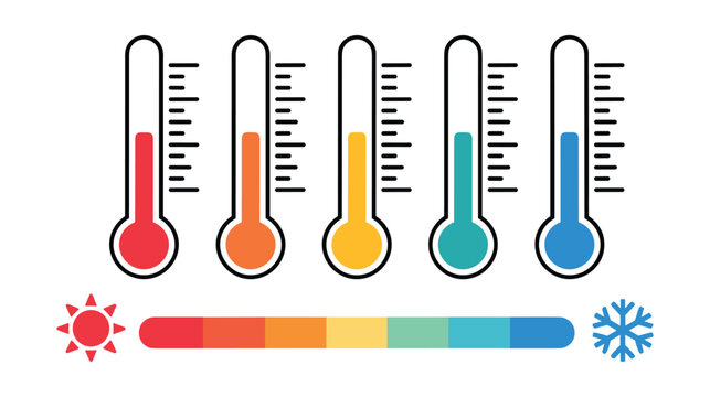 Five thermometers with varying color levels from red to blue and a horizontal gradient bar with sun and snowflake on a white background