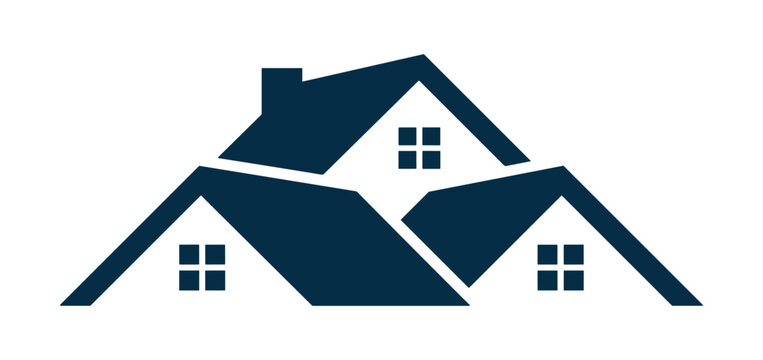 Dark blue silhouette of three overlapping house roofs with square windows arranged in a triangular composition isolated on a white background