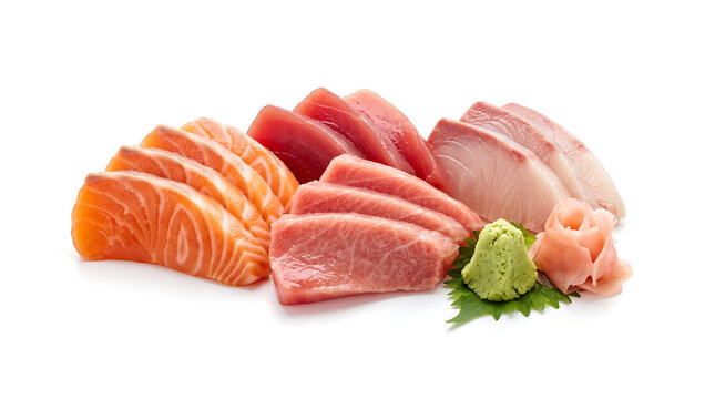 Assortment of fresh sashimi slices including salmon, tuna, and yellowtail, served with wasabi and pickled ginger on a white background.