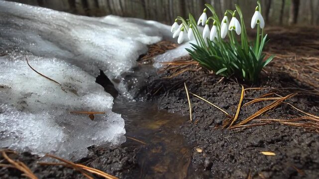 Melting Snow and Flowing Stream with Snowdrop Flowers in Early Spring Forest.