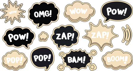 Comic book style speech bubbles with sound effects like pow, zap, bam, pop, boom, and omg in... desi © farhanatisha