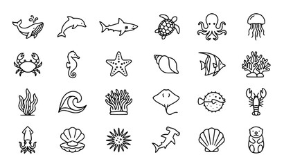 Sea Life Line Art Icon Set with Ocean Animals and Marine Nature Vector Collection © Tonmoy