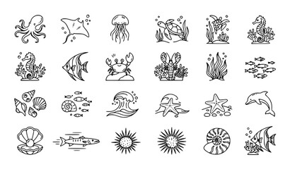 Underwater Sea Life Line Drawing Vector Set with Ocean Animals and Nature Icons © Tonmoy