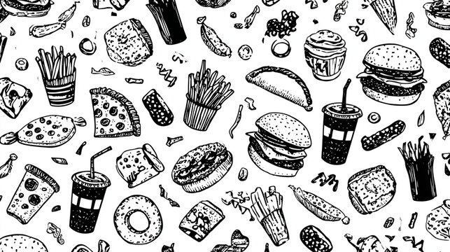 Hand drawn fast food pattern illustration in black and white.