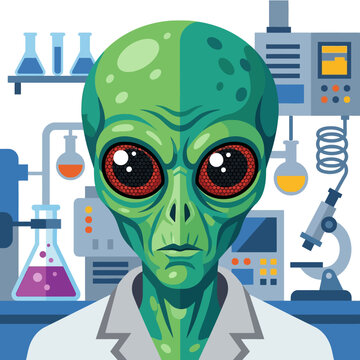 Green alien scientist wearing lab coat in futuristic laboratory.