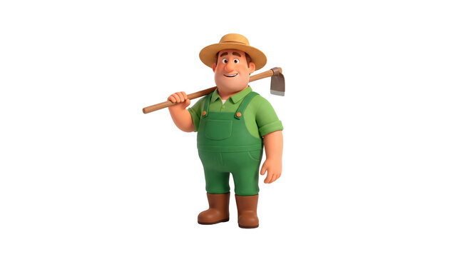 Friendly 3D cartoon farmer character, happy gardener in green overalls and straw hat, agricultural worker holding garden hoe tool on white background