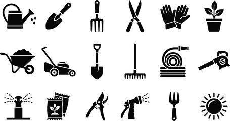 Gardening and landscaping tools black vector icons featuring watering can shovel rake trowel pruner lawn mower gloves flower pot sun tree sprout and outdoor garden equipment for web mobile apps © Eman