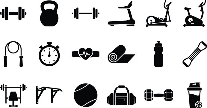 Fitness gym equipment black vector icons featuring dumbbell kettlebell barbell treadmill exercise bike jump rope stopwatch heart rate scale water bottle and workout training gear for web posters