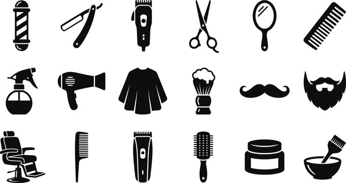 Hairdressing barber shop vector icons featuring salon scissors comb razor clipper hair dryer brush spray bottle shaving cream beard mustache chair and beauty grooming items for web mobile apps