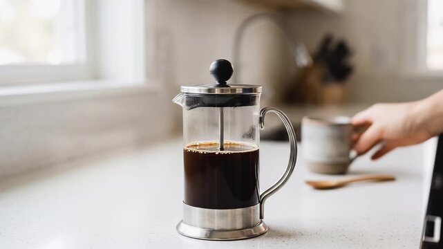 Man hand pressing plunger on french press with brewed coffee in bright kitchen interior