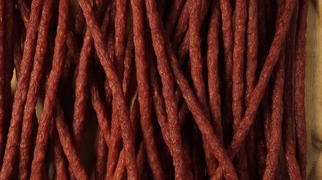 Smoked sausage snack sticks on wooden board