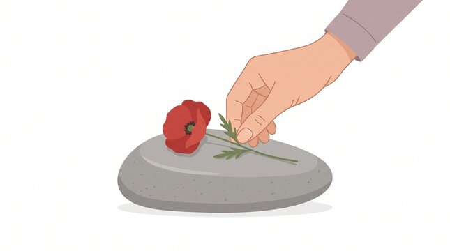 Hand placing red poppy on stone, remembrance memorial concept