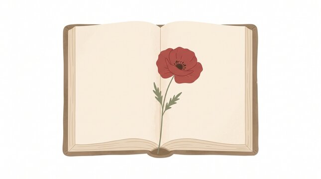 Open Antique Book with Red Poppy Flower Minimalist Illustration