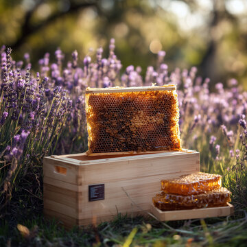 A hive frame with foundation and honey on a wooden box in the garden full of blooming lavender and grass 