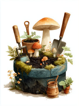 Rustic gardening illustration with gardening tools and forest mushrooms in mossy planter