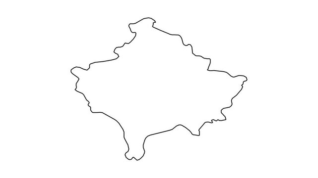 Self drawing animation of Kosovo map contour line territory boundary on white background.