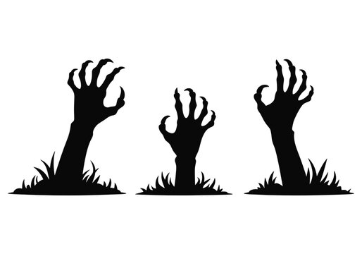 Zombie hands rising from ground graveyard horror scary monster Halloween danger fear claws grass
