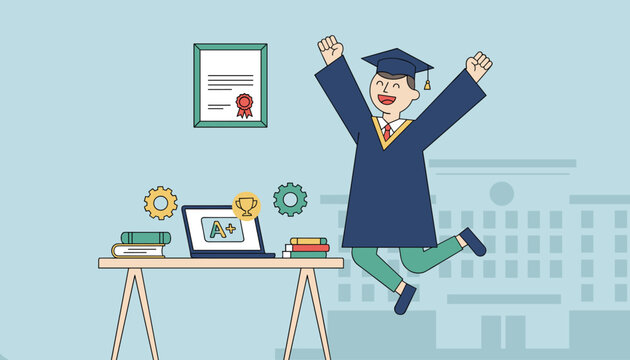 Joyful male university graduate in academic gown and cap jumps high with arms raised next to a laptop showing an A-plus grade.