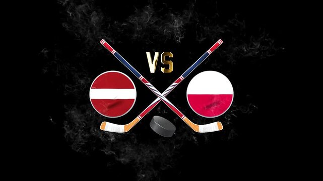 Latvia vs Poland hockey match concept with crossed hockey sticks, puck, and national flags on a dark background
