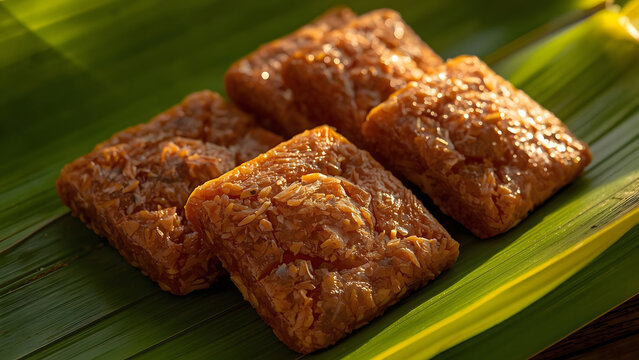 Crispy Fried Tempeh Cubes on Green Banana Leaf, Healthy Vegan Protein Snack