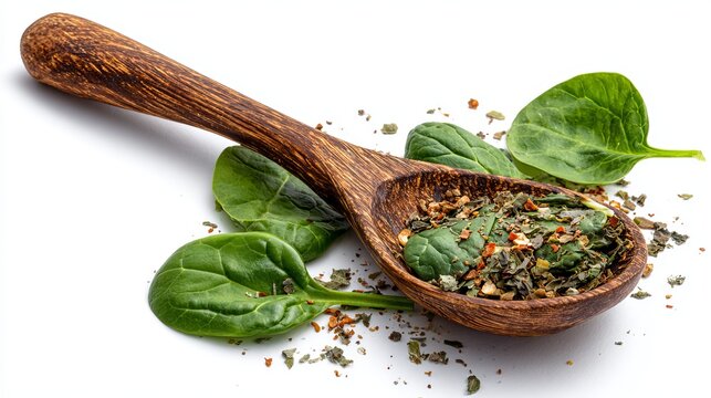 A rustic wooden spoon filled with fresh spinach and dried herbs, showcasing healthy eating and culinary ingredients for a vibrant meal