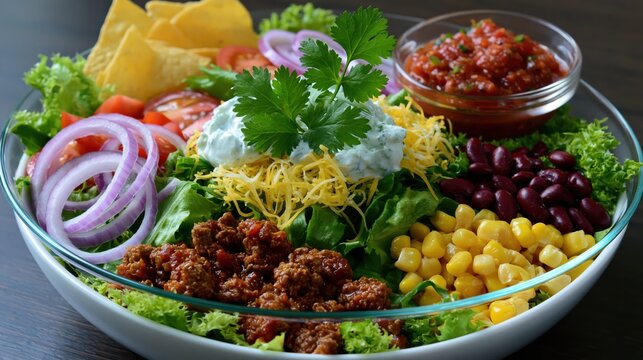 A colorful salad with various ingredients served on a large plate at a table during lunch time