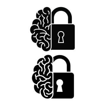 Brain locks represent the concepts of memory security, cognitive barriers, and intellectual protection through stylized flat iconography.