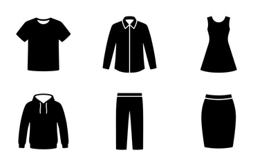 Fototapeta premium Black Apparel Icons Set: T-shirt, Shirt, Dress, Hoodie, Pants, Skirt Vector Graphics