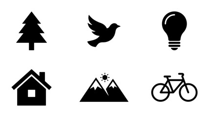 Fototapeta premium Simple Black Icons: Tree, Bird, Lightbulb, House, Mountains, Bicycle Vector Set